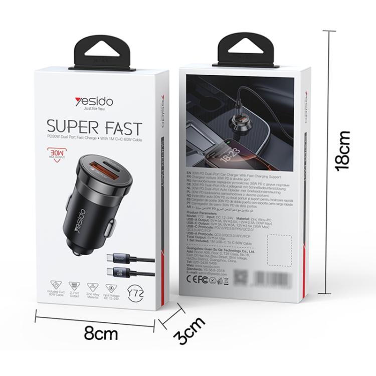 Yesido car charger retail box set with compact black charger and cable