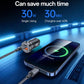 Black car charger charging two devices with visible power indicators