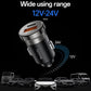 Black car charger with USB-A and Type-C ports, angled close-up