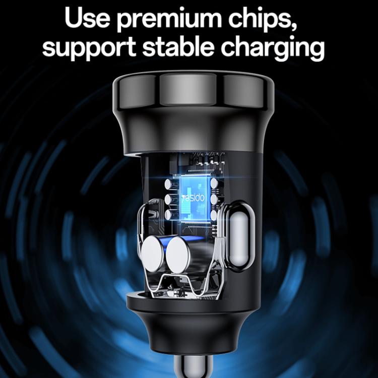 Black car charger with internal charging circuitry view, USB-A and Type-C ends