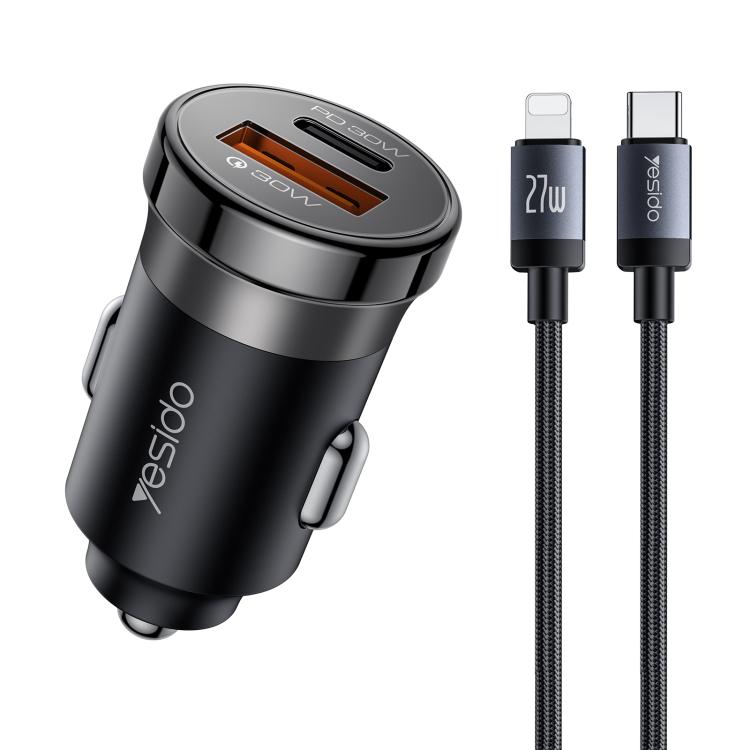 Black dual-port car charger with two cables: Type-C and 8-pin, PD 30W