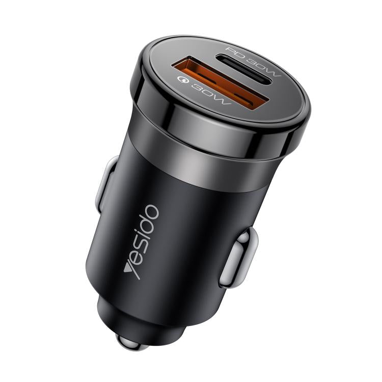 Black dual-port car charger with orange USB ports and PD 30W, front view
