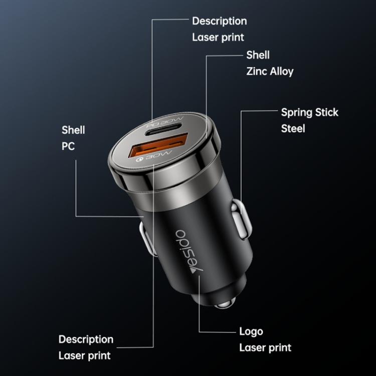 Black dual-port car charger with USB-A and Type-C, compact metal body.