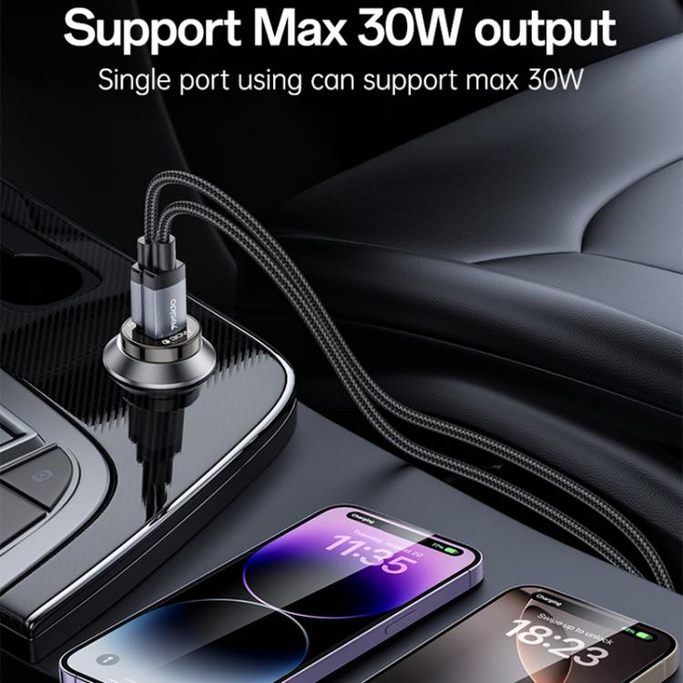 Dual-port car charger with braided cable connected to car console
