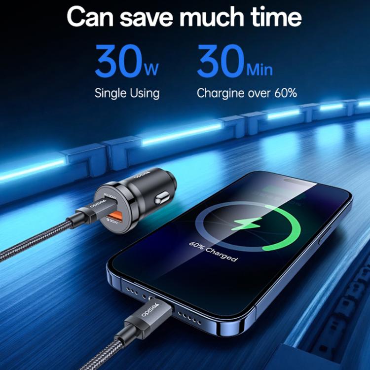 Black dual-port car charger with braided cable and connected device