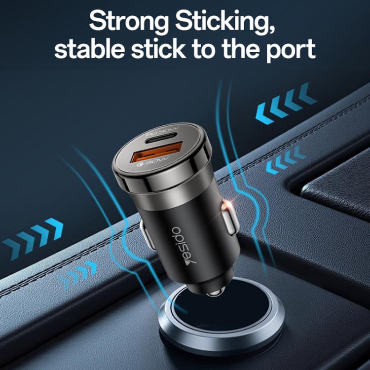 Black dual-port car charger with metal base and secure port contact