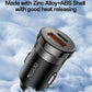 Black dual-port car charger with round metal face and orange USB port