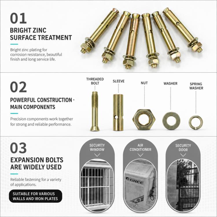 Zinc-plated expansion bolt hardware set with sleeves, nuts, and washers