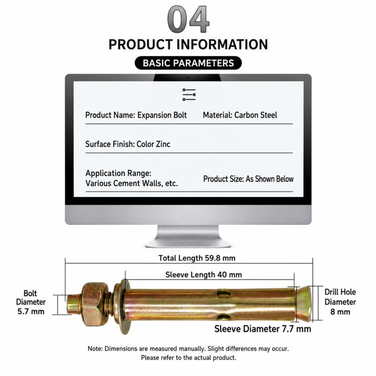 Expansion bolt with sleeve and measurements, zinc-plated finish