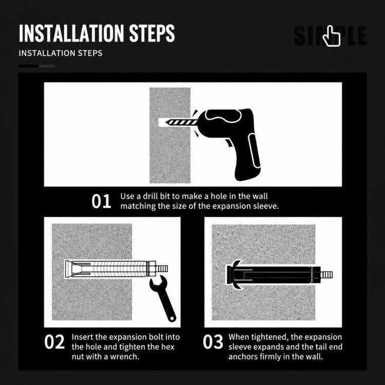 Expansion bolt installation steps diagram with hex bolt and wall sleeve