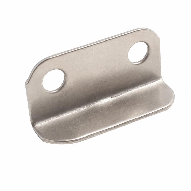 L-shaped right-angle lock strike plate with two mounting holes, brushed steel finish