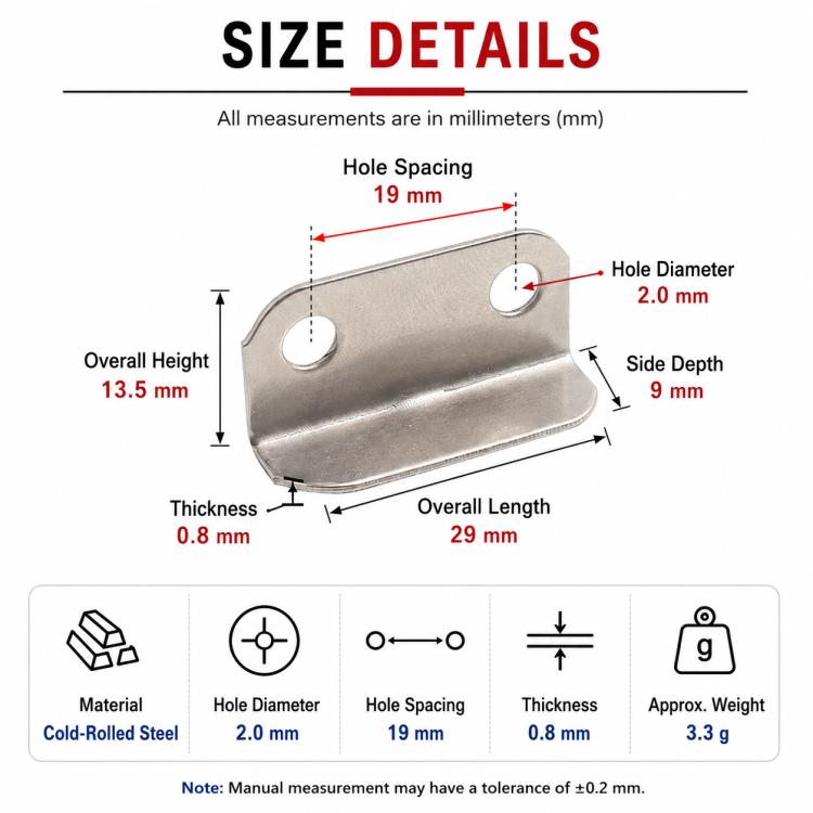 L-shaped lock strike plate with two mounting holes; size details diagram