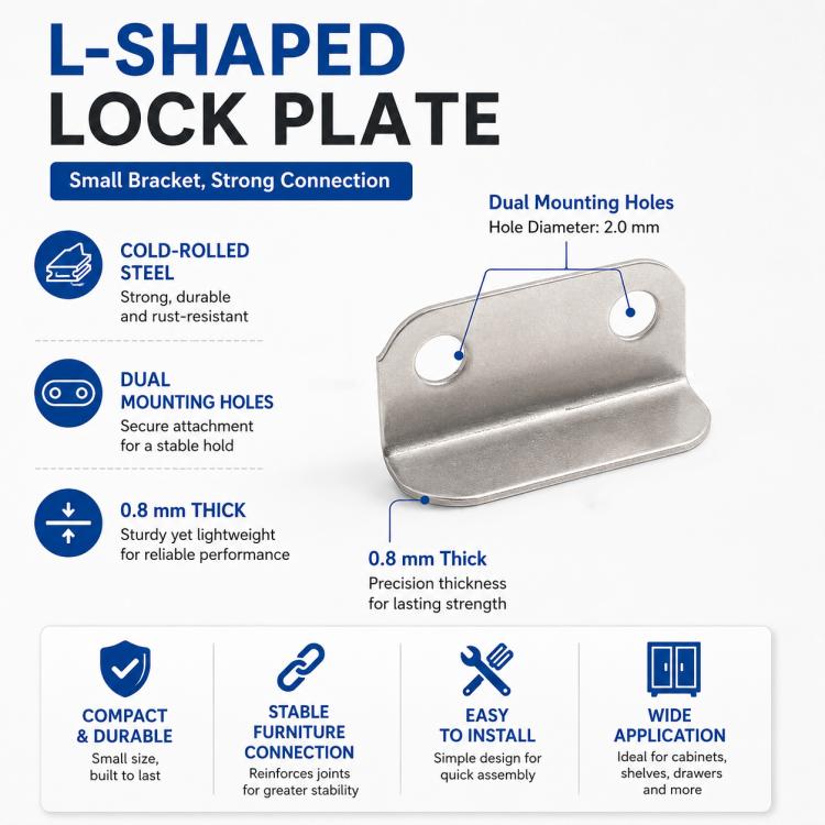 L-shaped lock plate for furniture hardware with two mounting holes, cold-rolled steel