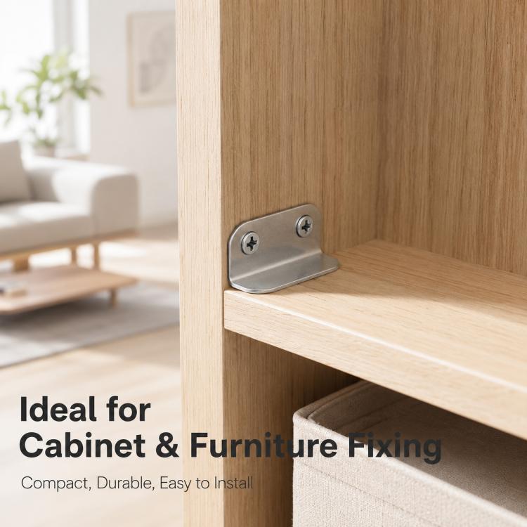 L-shaped lock strike plate mounted on a wooden cabinet with two screws, brushed steel