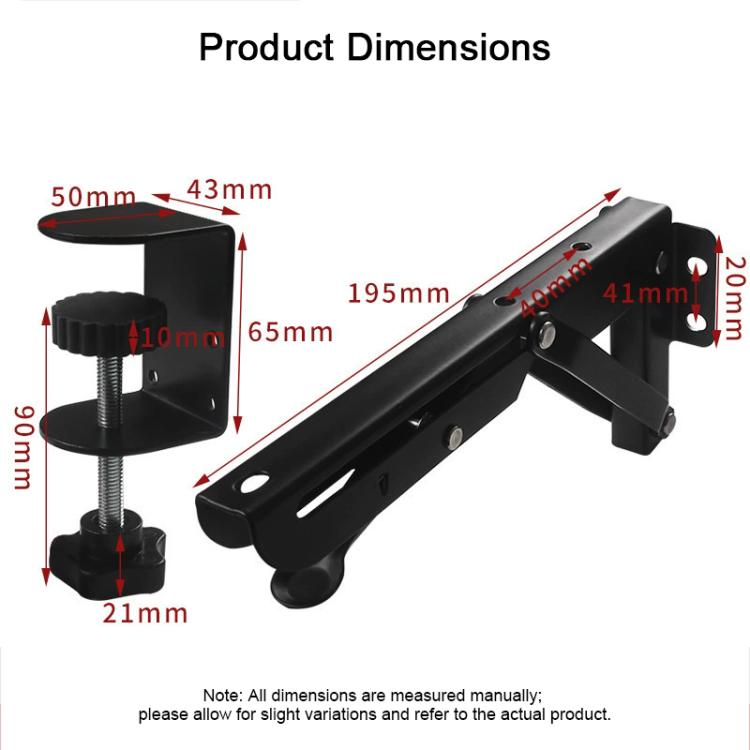 Black desk tray support bracket with long arm, mounting plate, and adjustable parts