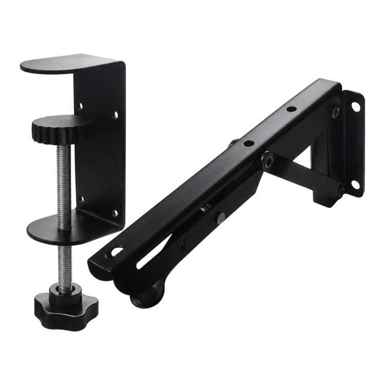 Black clamp-on desk extension bracket with two end posts and long support arm