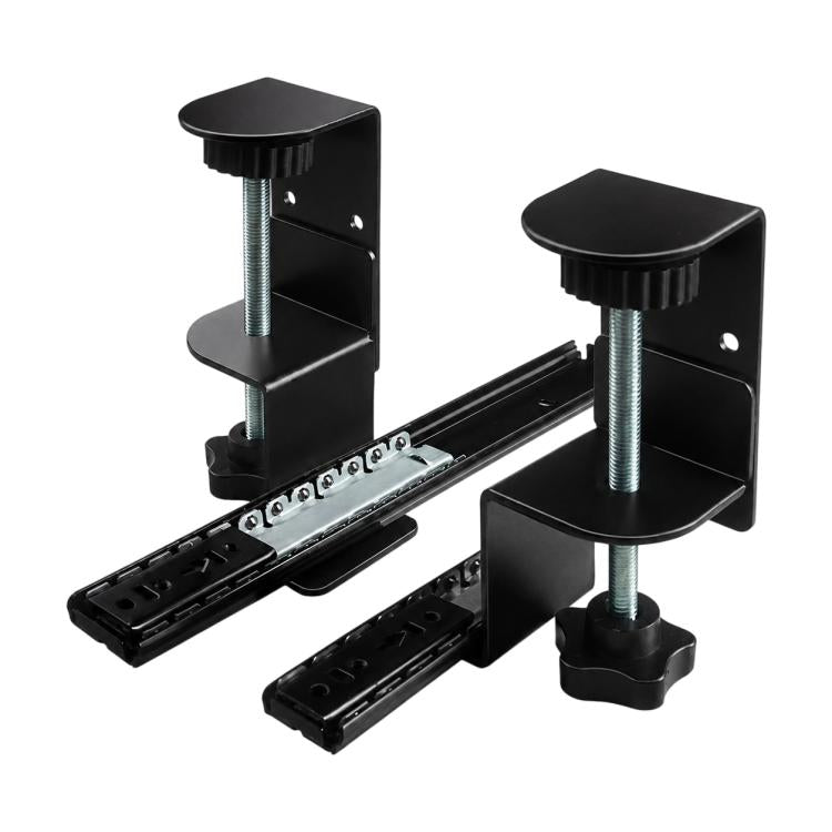Black clamp bracket set with two supports and extended rail for desktop tray mounting