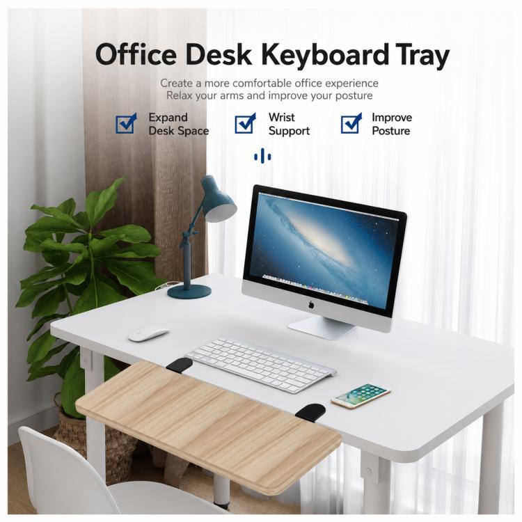 Clamp-on desktop keyboard tray extension support bracket installed under the desk