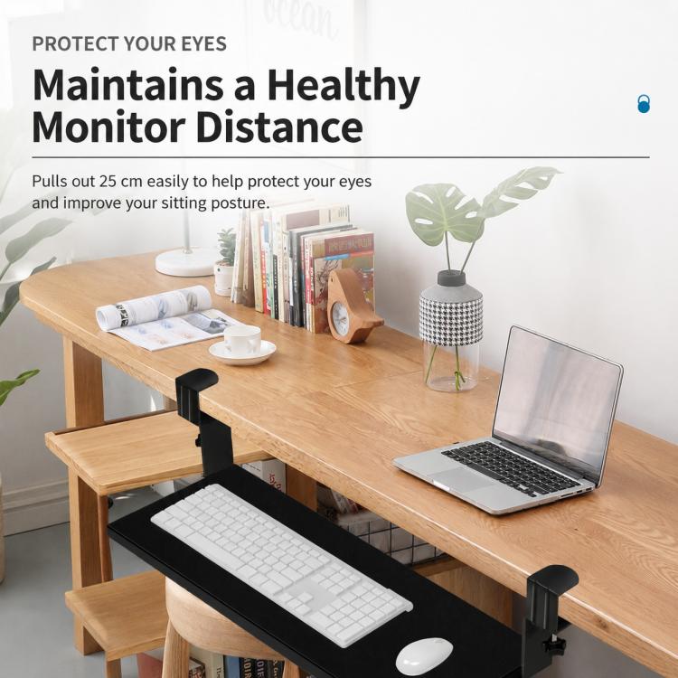 No-drill desktop extension tray clamp on desk edge, holds keyboard and laptop