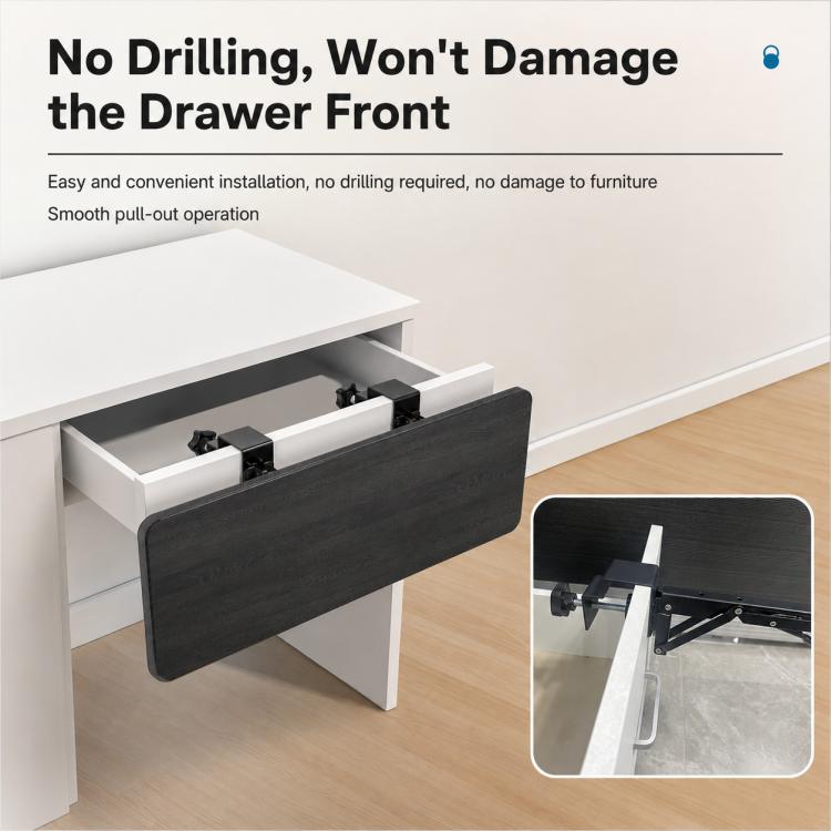 No-drill drawer-front desktop extension tray bracket with clamp support