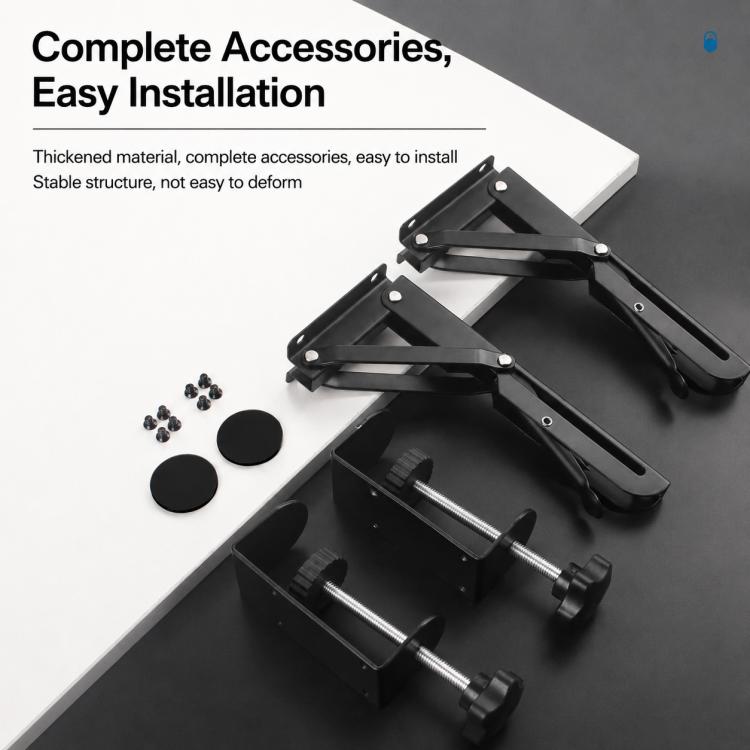 Desktop extension tray bracket kit with folded arms, slide rails, and mounting clamps