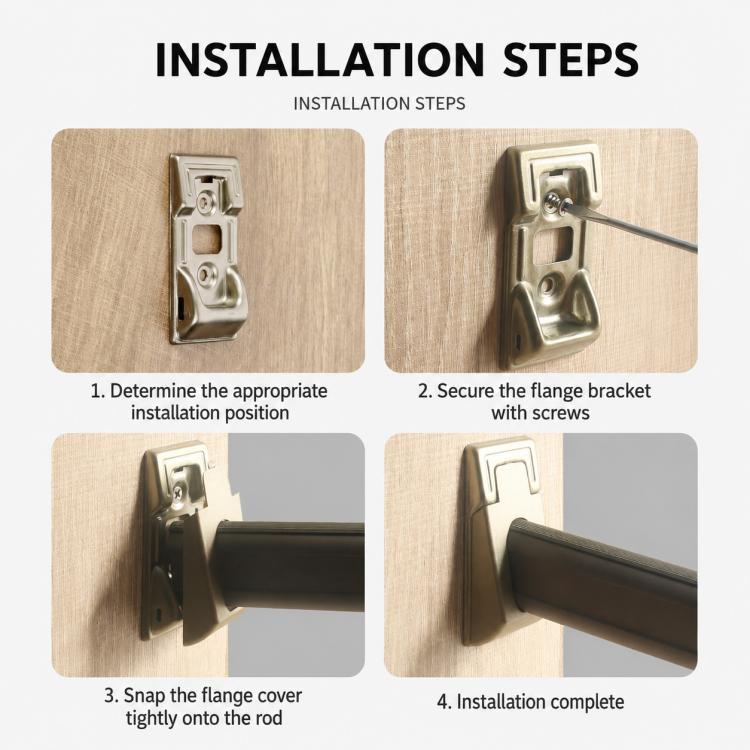 Closet rod support bracket installed on wood panel holding a clothes rail