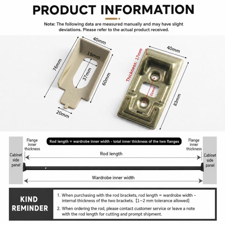 Wardrobe closet rod support bracket flange, gold-toned metal with screw holes