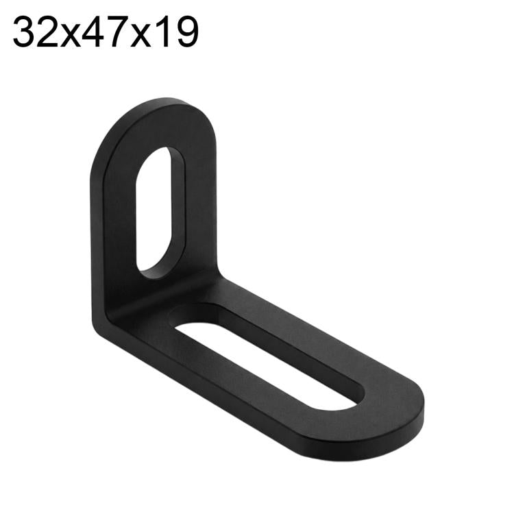 Black L-shaped corner brace with long slot holes, stainless steel, 32x47x19mm