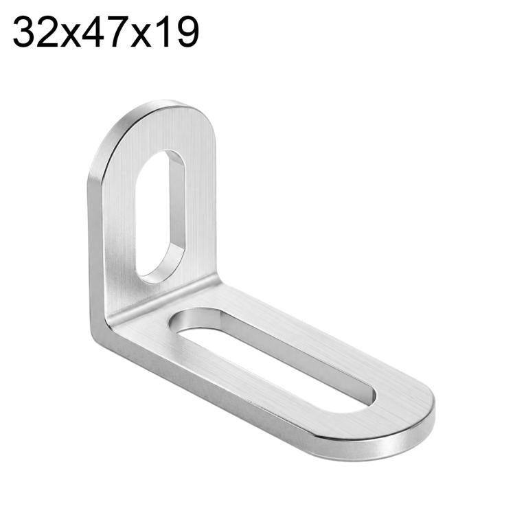 Silver L-shaped corner brace with long slot holes, stainless steel, 32x47x19mm