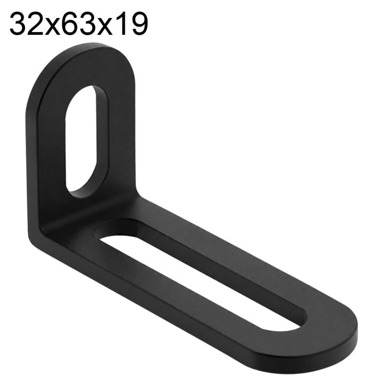 Black L-shaped corner brace with long slot holes, stainless steel, 32x63x19mm