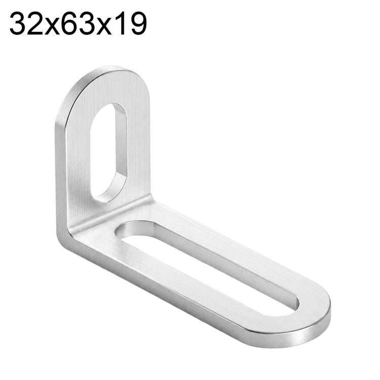 Silver L-shaped corner brace with long slot holes, stainless steel, 32x63x19mm