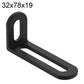 Black L-shaped corner brace with long slot holes, stainless steel, 32x78x19mm