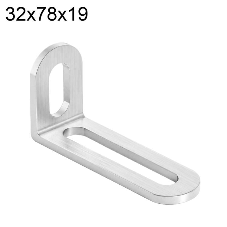 Silver L-shaped corner brace with long slot holes, stainless steel, 32x78x19mm