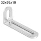 Silver L-shaped corner brace with long slot holes, stainless steel, 32x99x19mm