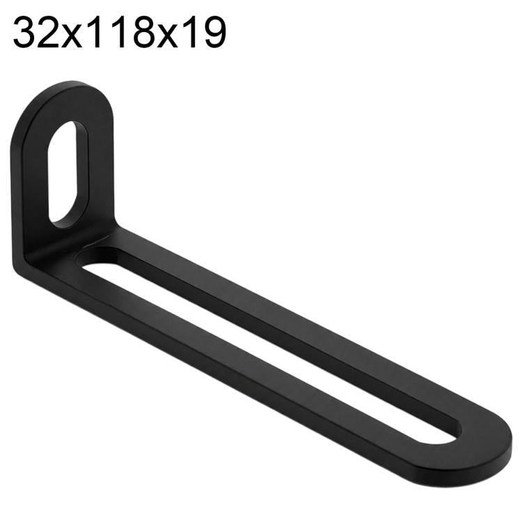 Black L-shaped corner brace with long slot holes, stainless steel, 32x118x19mm