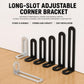 Set of long-slot L-shaped corner braces in silver and black with mounting holes