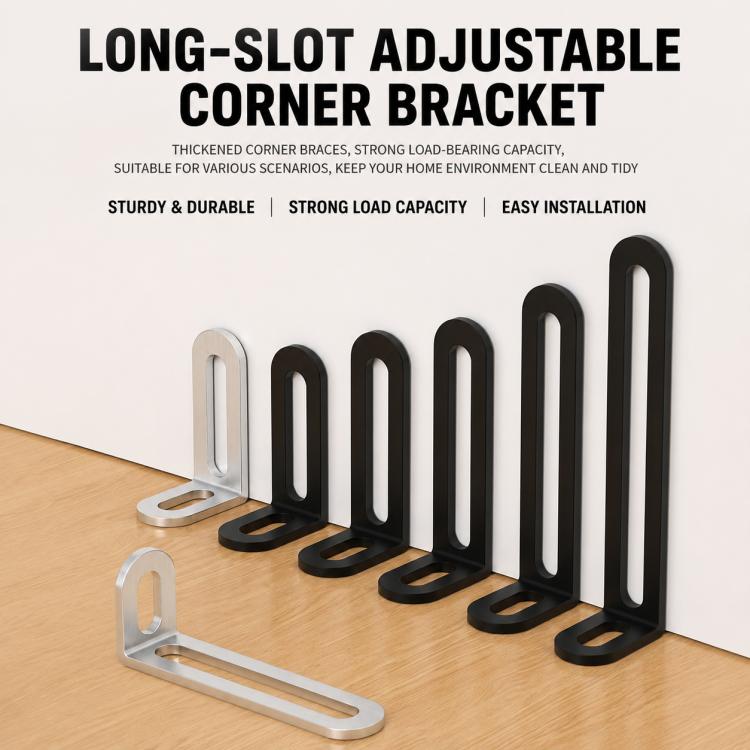 Set of long-slot L-shaped corner braces in silver and black with mounting holes