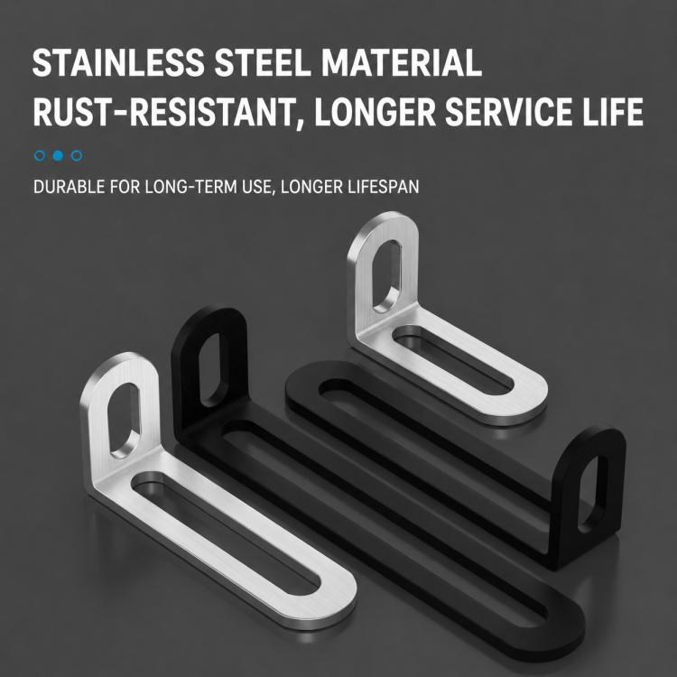 L-shaped stainless steel corner braces with long slots and mounting holes, black and silver