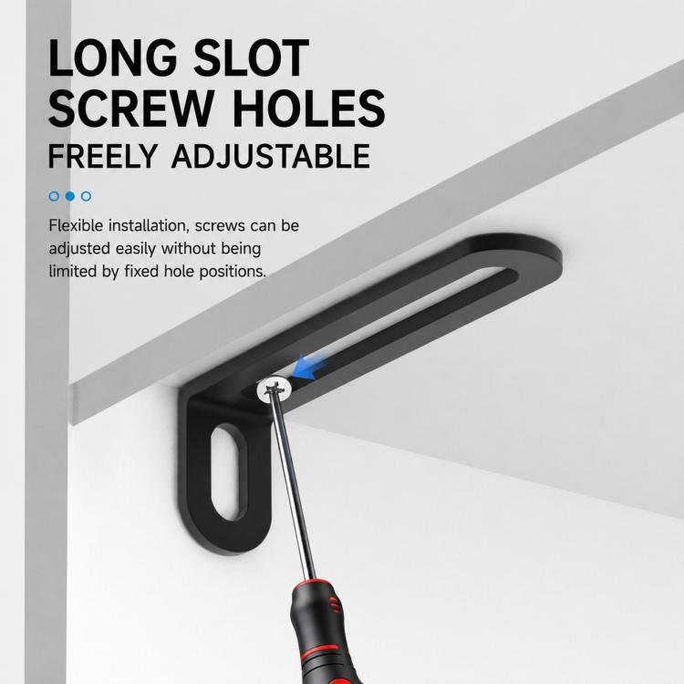Black L-shaped corner brace with long slot screw holes for adjustable mounting