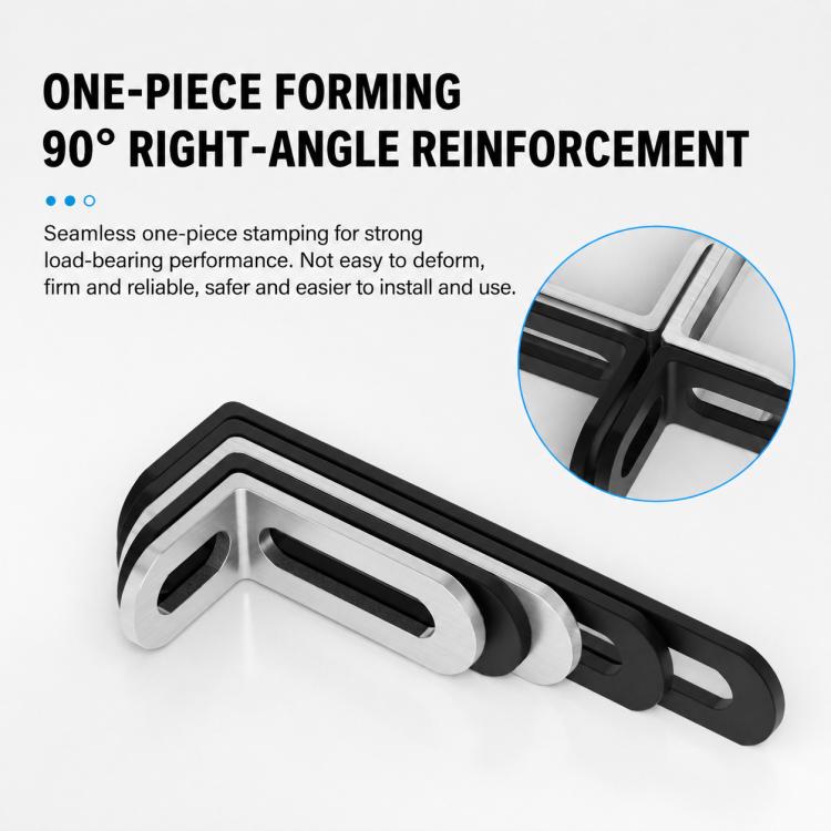 Seamless 90-degree right-angle corner braces with long slots in silver and black