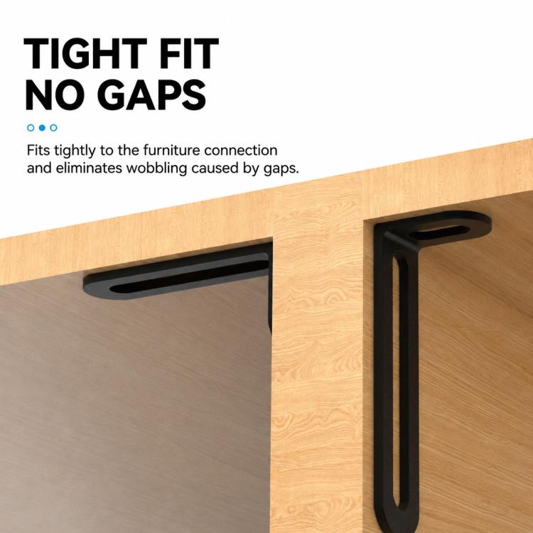 Black L-shaped corner brace mounted on wood, tight fit long-slot design