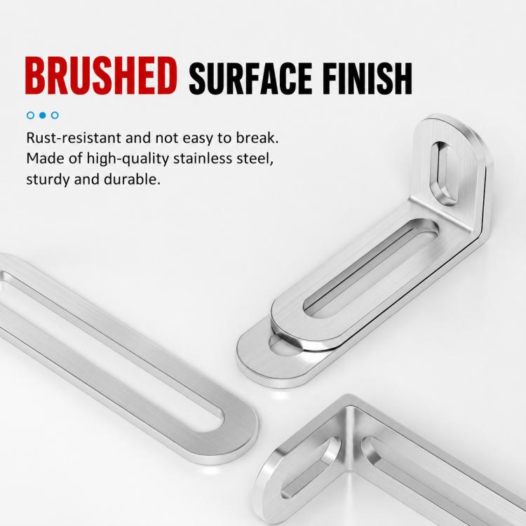 Brushed silver L-shaped stainless steel corner brace with long slot and screw holes