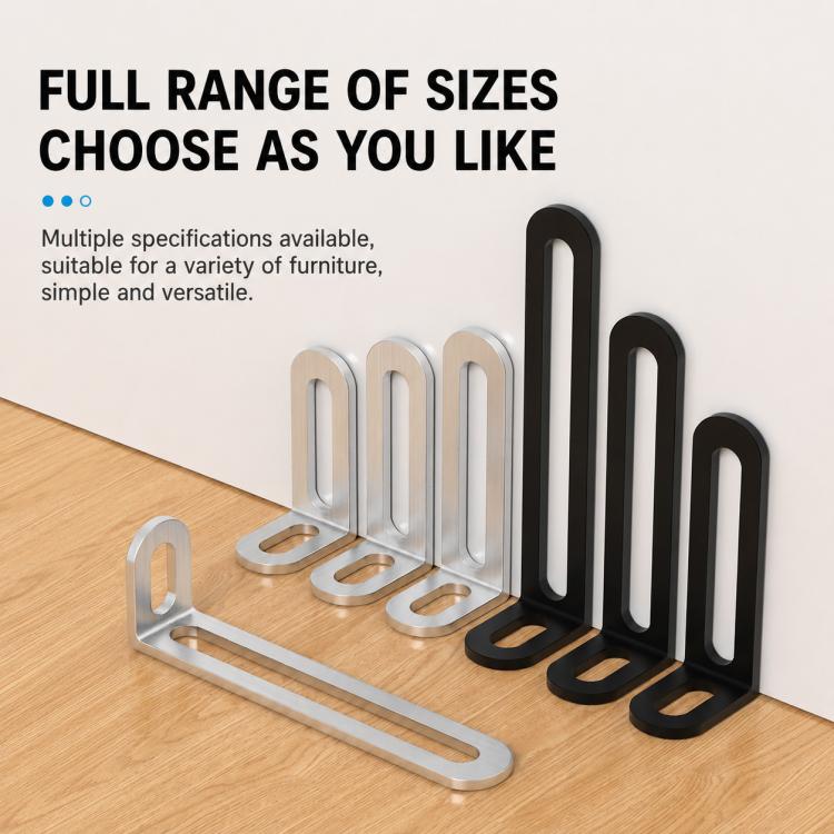 Assorted long-slot L-shaped corner braces in silver and black, multiple lengths