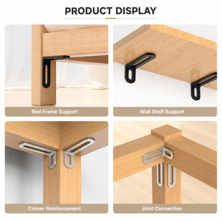 L-shaped corner braces shown supporting bed frame, wall shelf, and corner joints