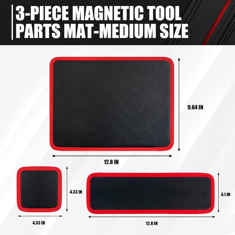 Red magnetic tool storage pads set showing small, medium, and large sizes