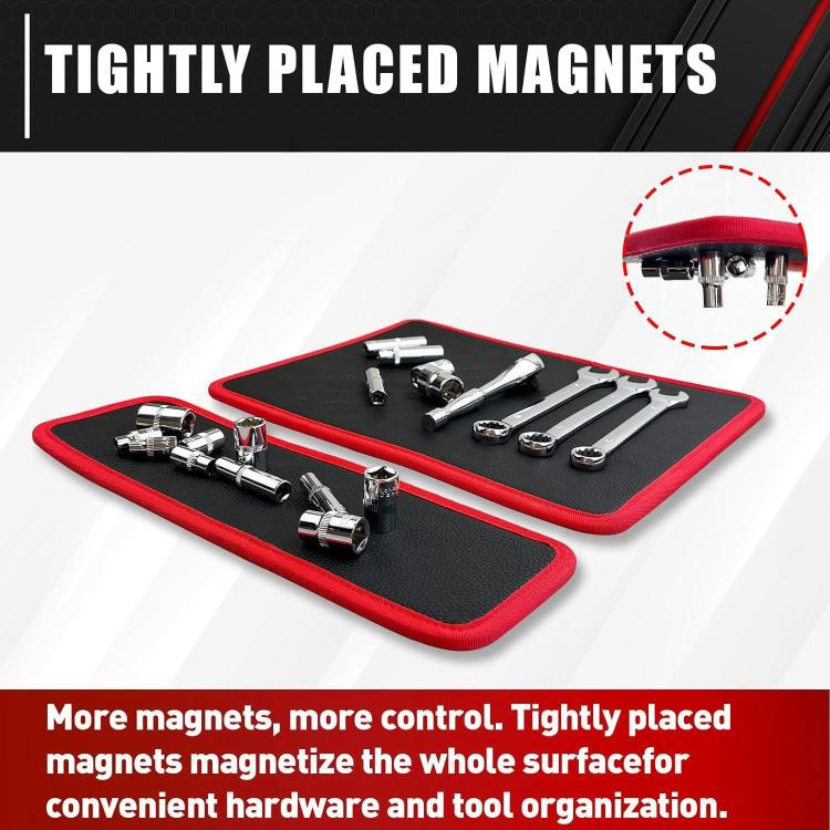 Magnetic tool storage pad with tools laid on dark insert and red border