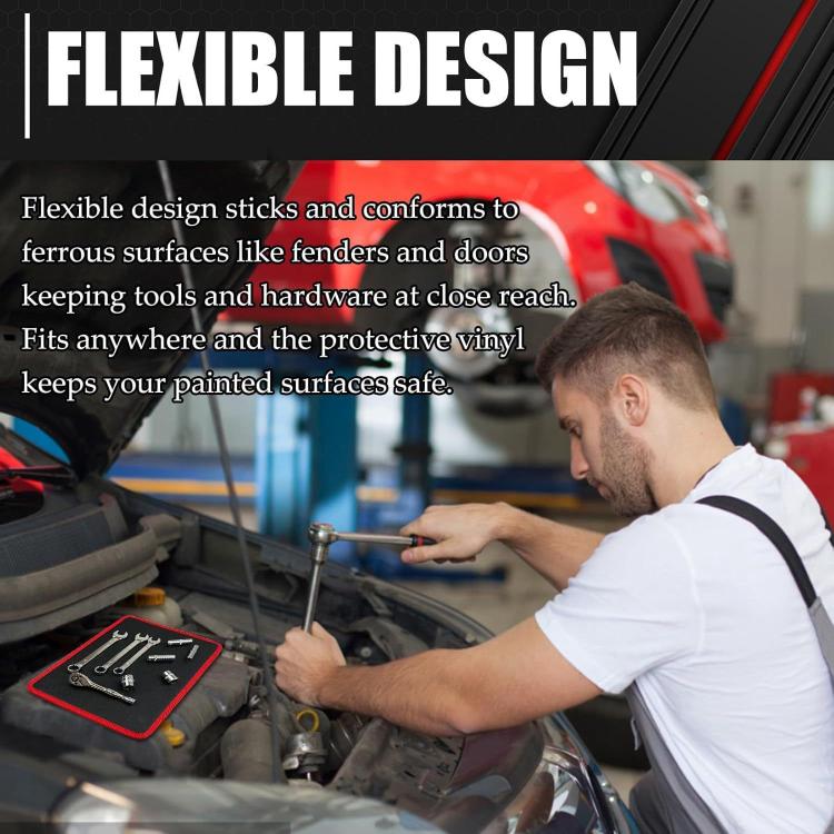 Magnetic tool storage pad with flexible design sticks on surfaces, dark insert and red border