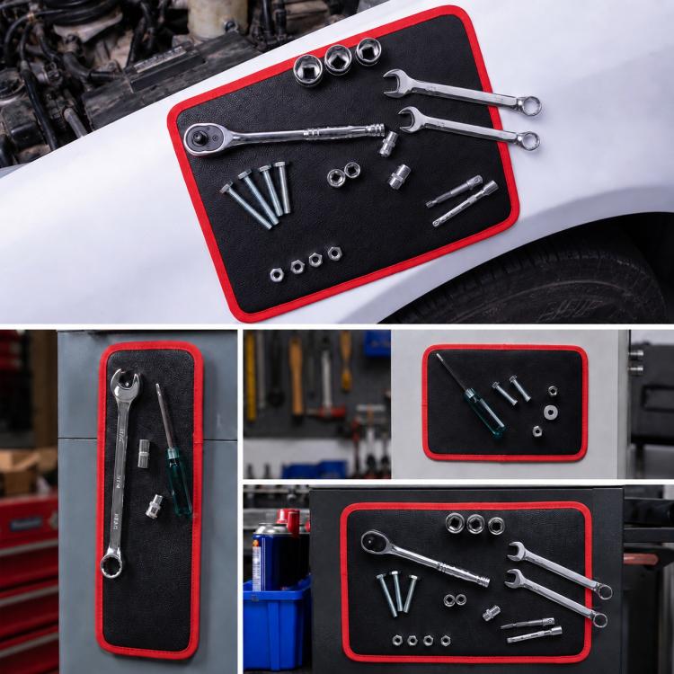 Magnetic tool storage pad with hardware pieces arranged on dark insert, red outline