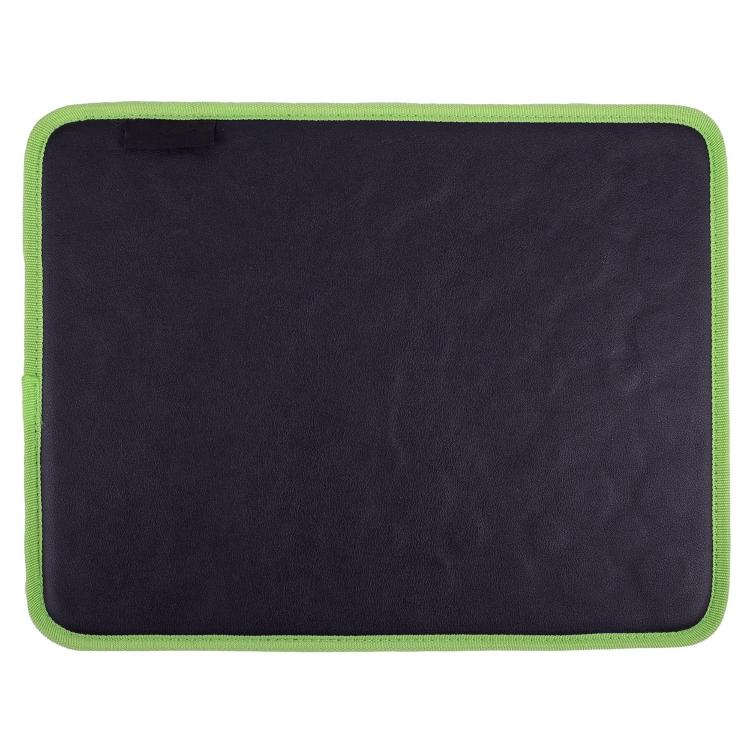 Green magnetic tools storage pad with black interior and stitched green edge.
