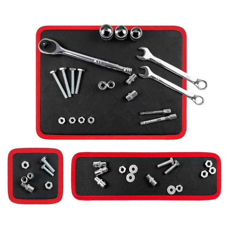 Red magnetic tools storage pad set with wrenches, screws, and small matching pads.